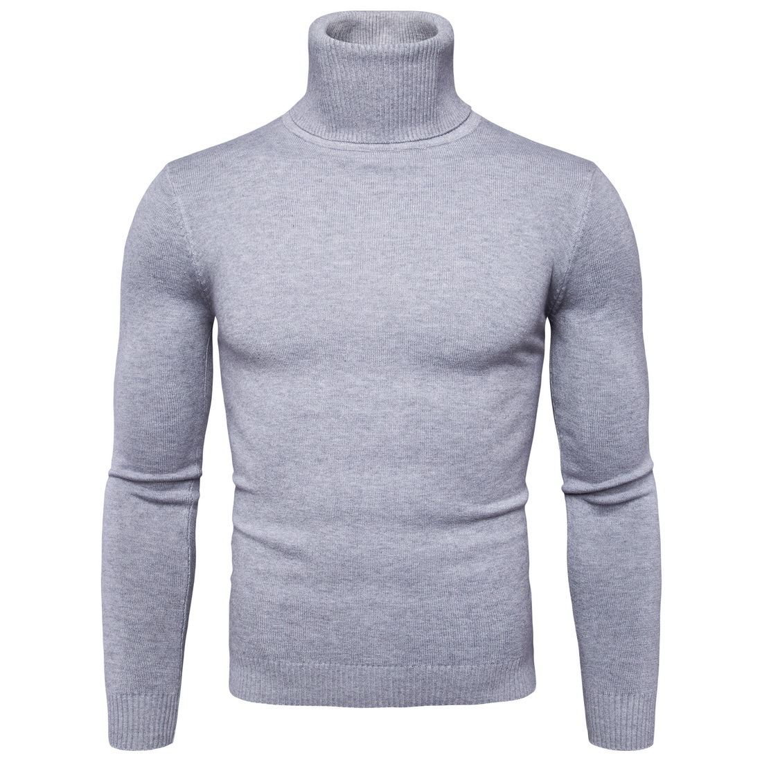 Men Knitted Sweater Autumn Winter Turtleneck Long Sleeve Casual Slim Pullover Tops Light Gray