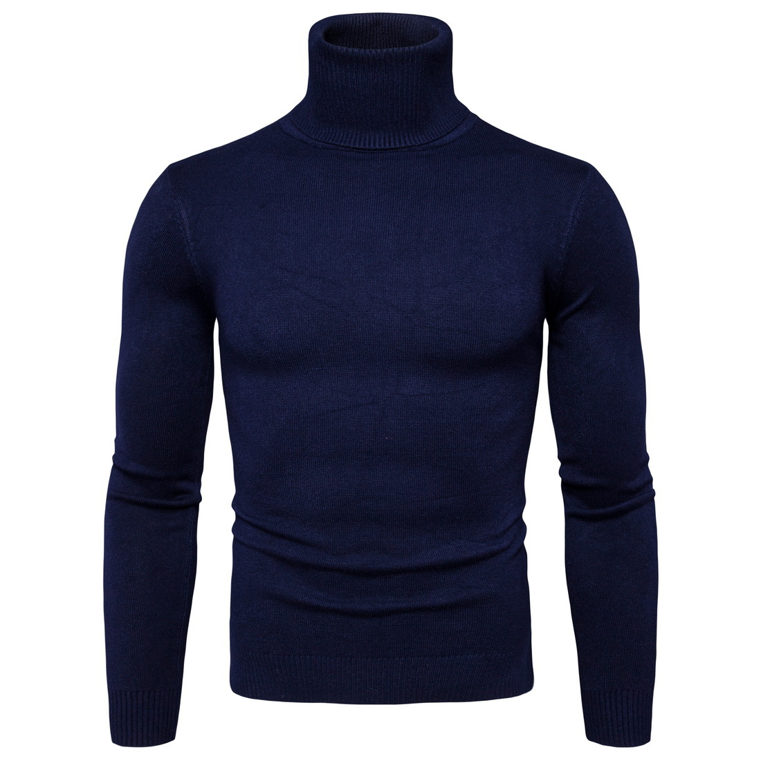 Men Knitted Sweater Autumn Winter Turtleneck Long Sleeve Casual Slim Pullover Tops Navy Blue