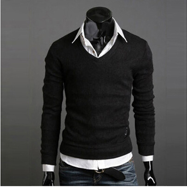 Men Knitwear Sweater Spring Autumn V Neck Long Sleeve Jumpers Casual Slim Pullover Tops black