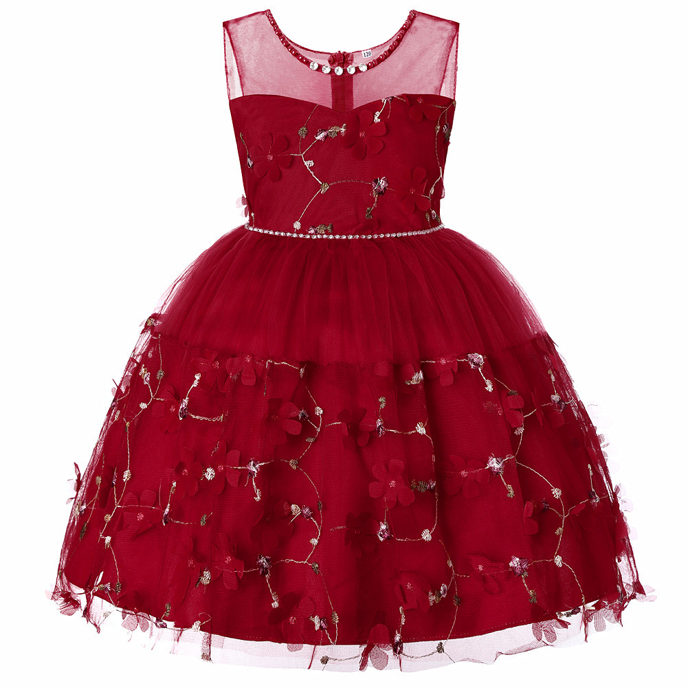  Princess Flower Girl Dress Sleeveless Formal Birthday Perform Party Tutu Gown Children Kids Clothes wine red 