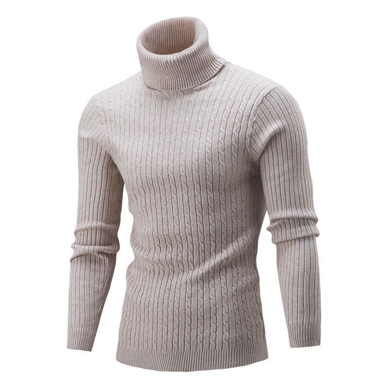 Men Sweater Autumn Winter Turtleneck Long Sleeve Casual Slim Fit Knitted Pullover Tops Beige