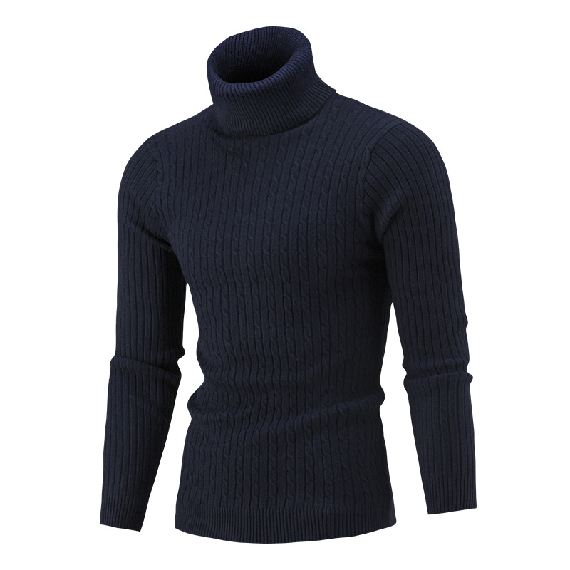 Men Sweater Autumn Winter Turtleneck Long Sleeve Casual Slim Fit Knitted Pullover Tops navy blue