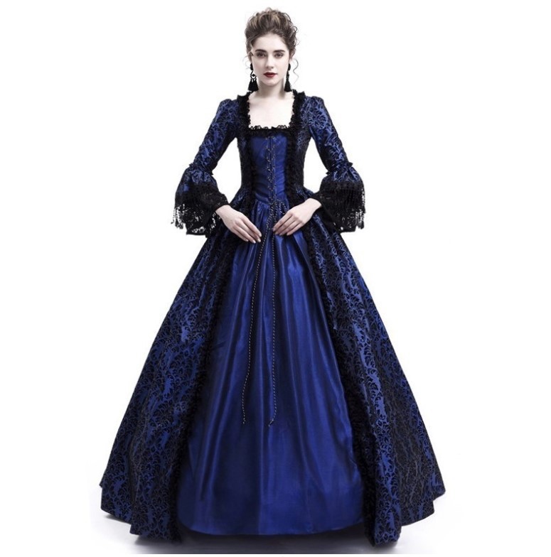  Women Medieval Princess Costumes Century Gothic Victorian Queen Lace Long Sleeve Ball Gown Dress navy blue