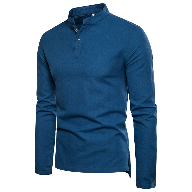 Men Shirt Spring Autumn Long Sleeve Stand Collar Casual Youth Plus Size Slim Fit Shirt blue