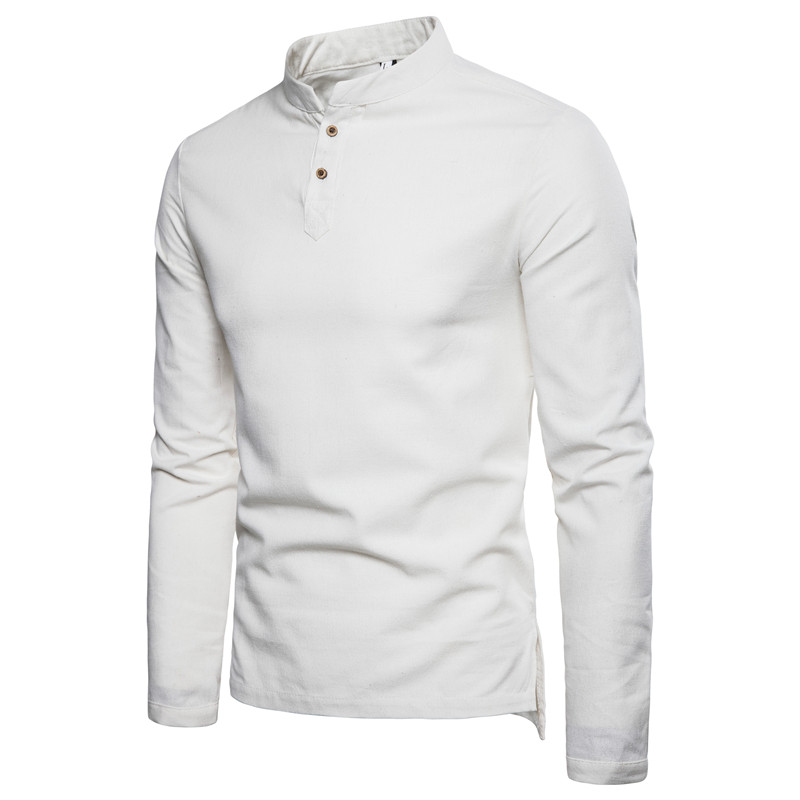 Men Shirt Spring Autumn Long Sleeve Stand Collar Casual Youth Plus Size Slim Fit Shirt off white