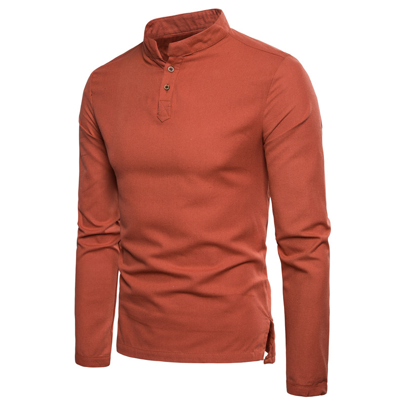  Men Shirt Spring Autumn Long Sleeve Stand Collar Casual Youth Plus Size Slim Fit Shirt orange