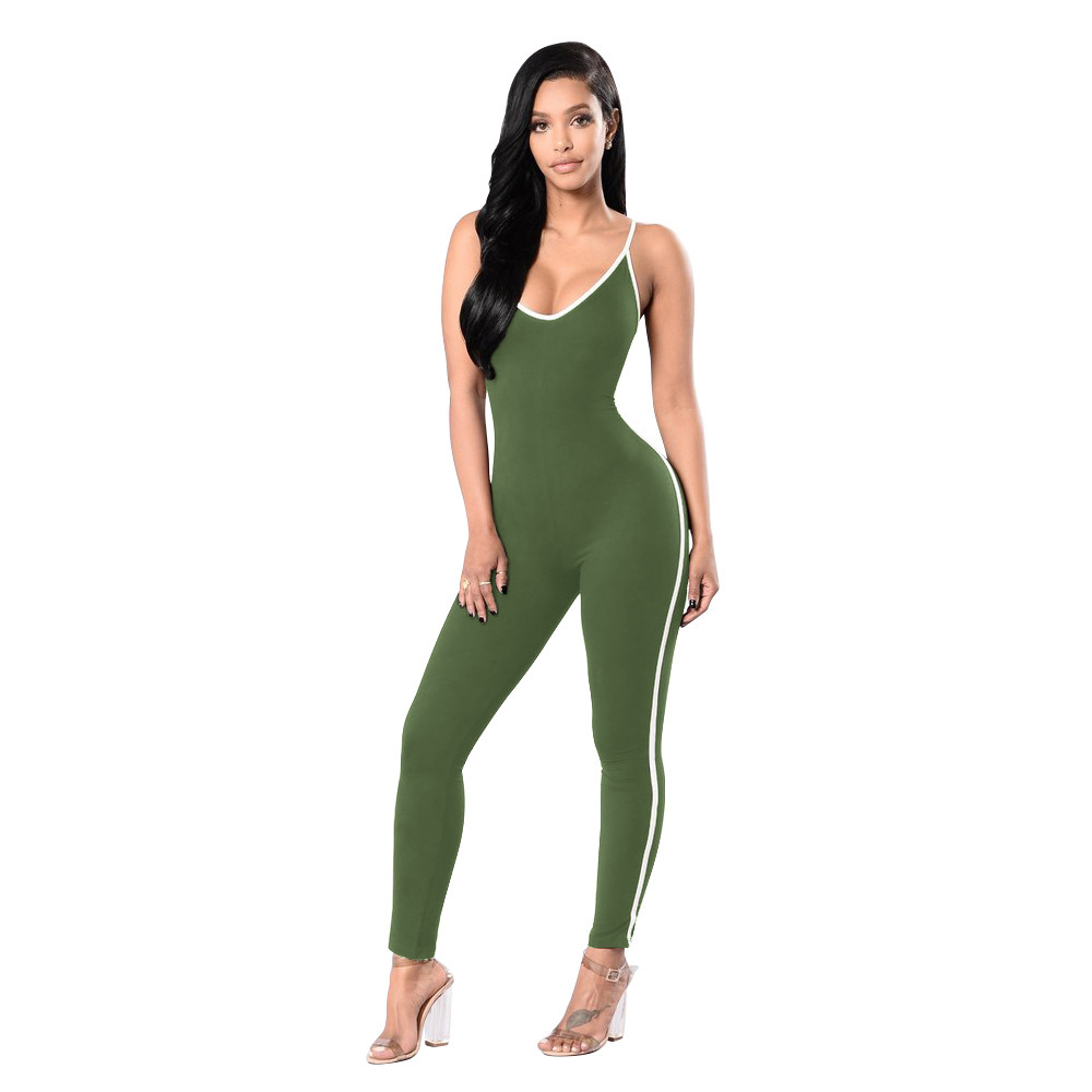 Women Jumpsuit Spaghetti Strap Sleeveless Fitness Workout Bodycon Slim Bodysuit Rompers Overalls army green