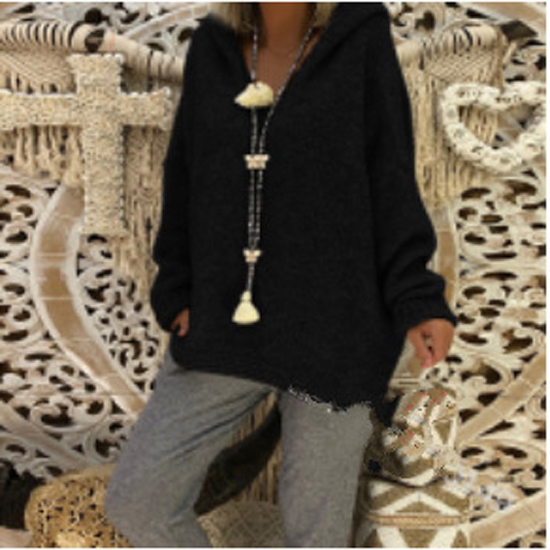Women Hooded Sweater Autumn Winter Long Sleeve Loose Causal Knitted Jumper Pullover Tops black
