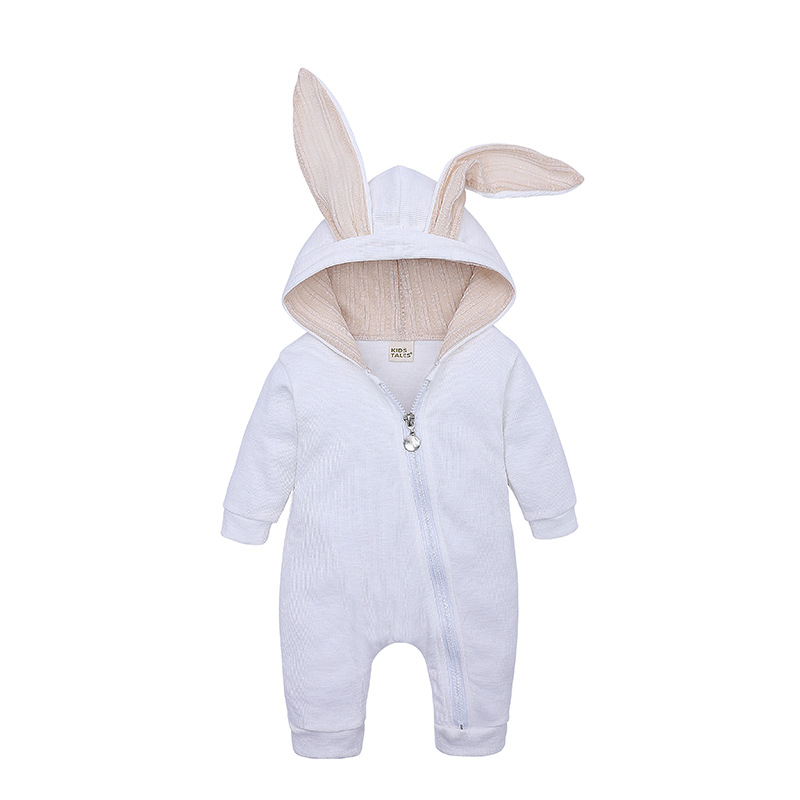 Baby Boys Girls Jumpsuit Long Sleeve Big Ears Bunny Infant Hooded Rompers Kids Clothes off white