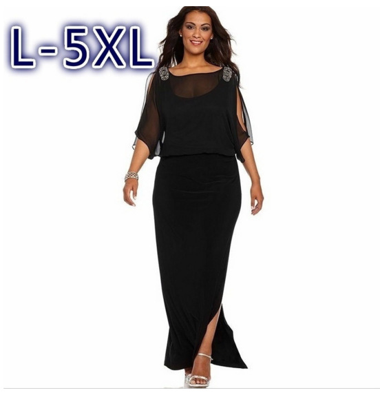 Women Chiffon Maxi Dress Plus Size Casual Half Sleeve Loose Split Long Formal Party Dress Black
