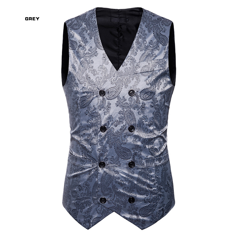  Men Floral Printed Waistcoat Double Breasted Vest Slim Sleeveless Casual Business Formal Suit Coat gray