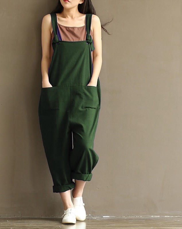  Women Suspender Pants Plus Size Casual Loose Cotton Trousers Long Overalls Rompers green