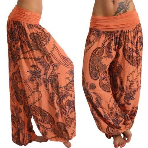 Women Floral Printed Wide Leg Pants Boho Casual Loose Vintage Plus Size Long Harem Trousers orange