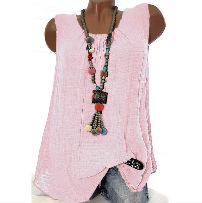 Women Sleeveless T Shirt O Neck Cotton Linen Casual Loose Plus Size Summer Vest Tops Pink