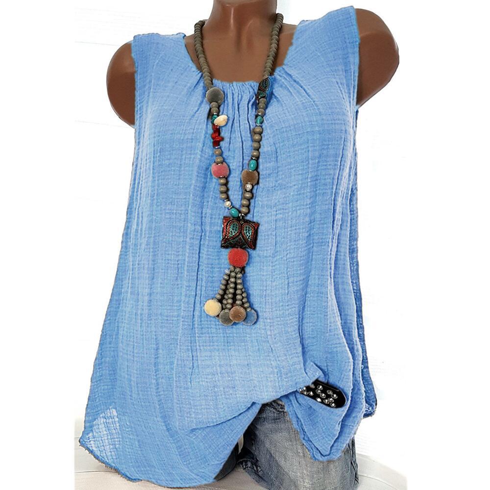 Women Sleeveless T Shirt O Neck Cotton Linen Casual Loose Plus Size Summer Vest Tops sky blue
