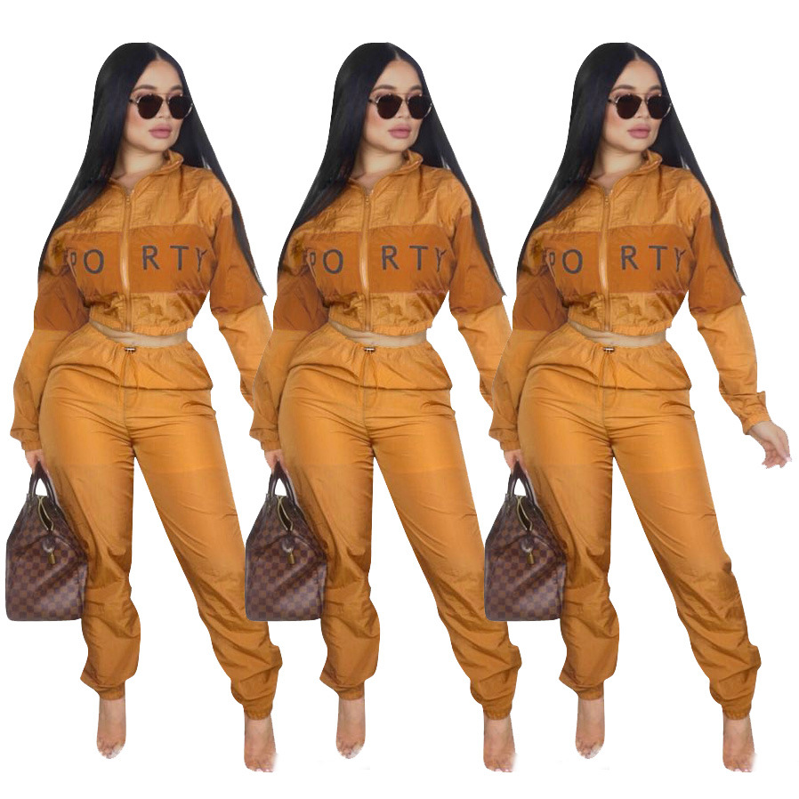 Women Tracksuit Letter Printed Patchwork Long Sleeve Top+pants Casual Two Pieces Set Outfits Orange