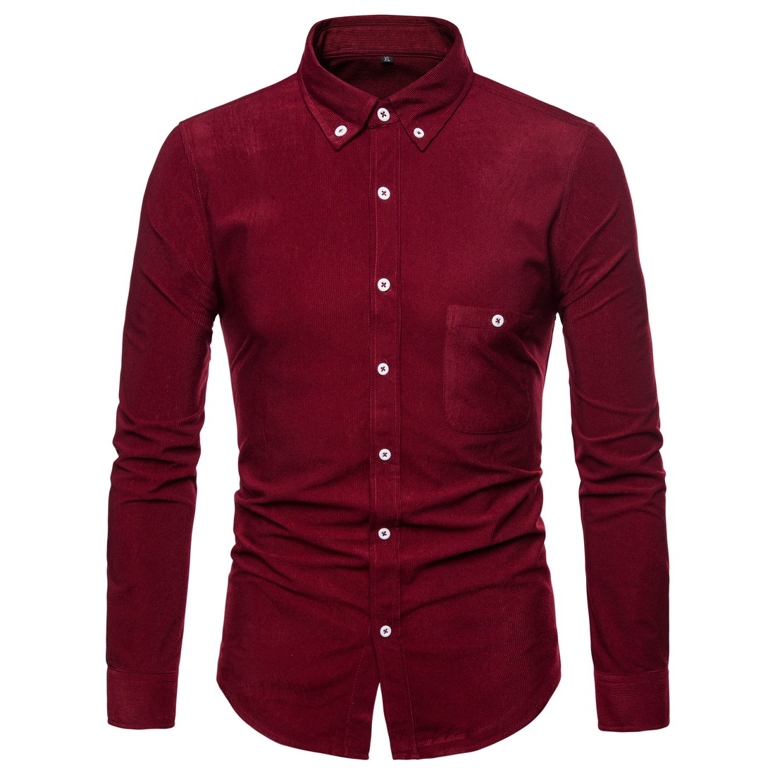  Men Shirt Spring Autumn Corduroy Long Sleeve Single Breasted Casual Slim Fit Plus Size Shirt wine red