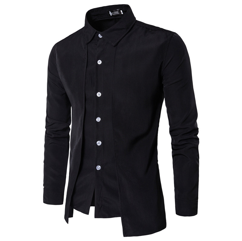  Men Shirt Fake Two Pieces Long Sleeve Single-Breasted Causal Business Slim Fit Male Shirt black