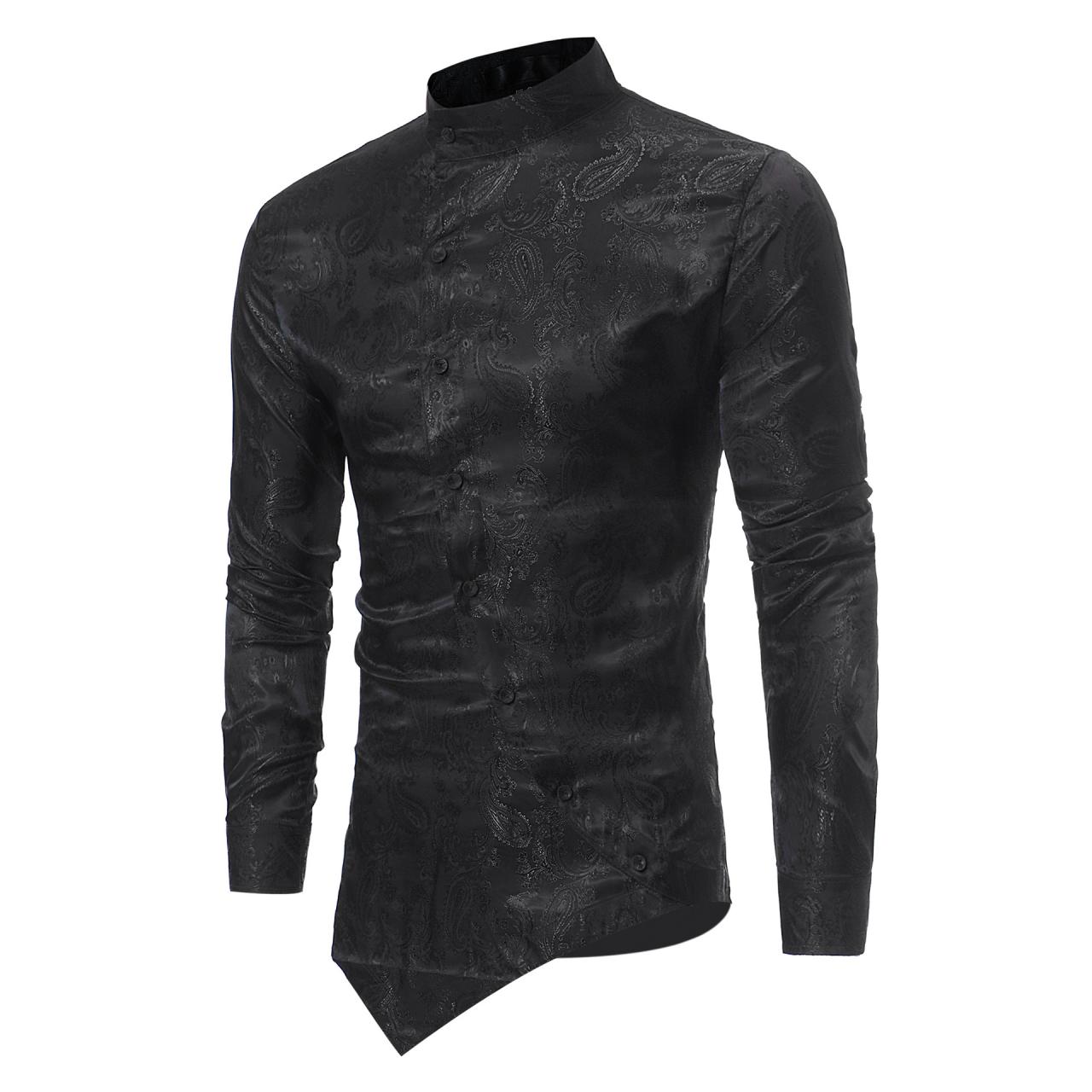 Men Asymmetrical Shirt Spring Autumn Long Sleeve Stand Collar Business Printed Slim Fit Shirt black