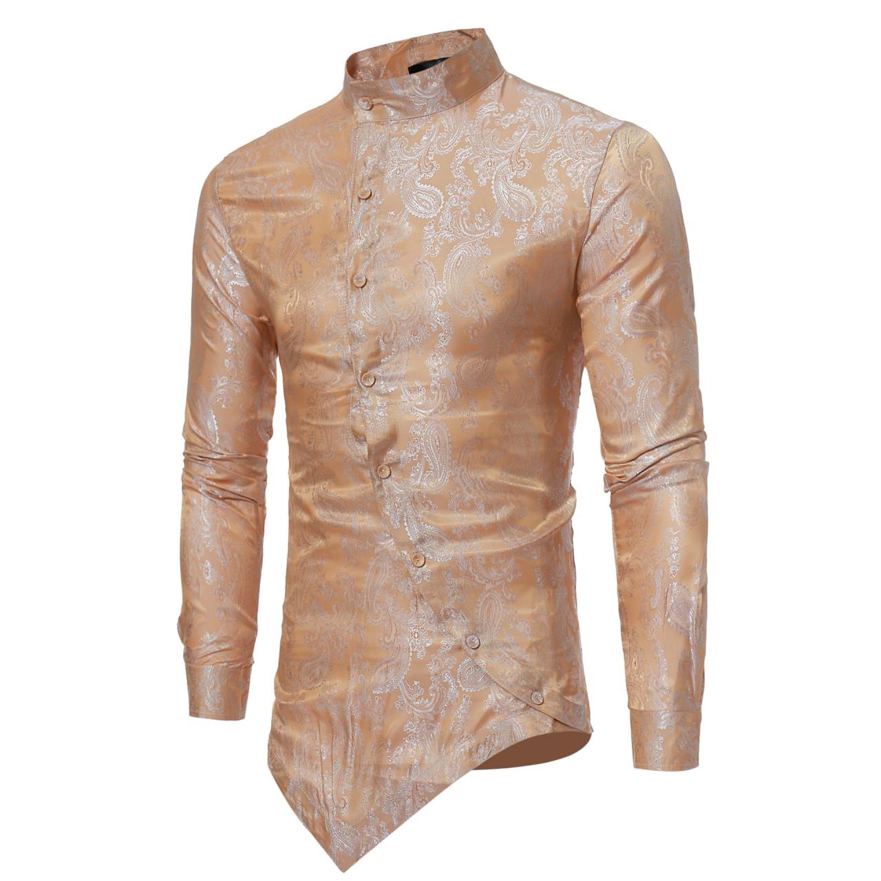  Men Asymmetrical Shirt Spring Autumn Long Sleeve Stand Collar Business Printed Slim Fit Shirt champagne