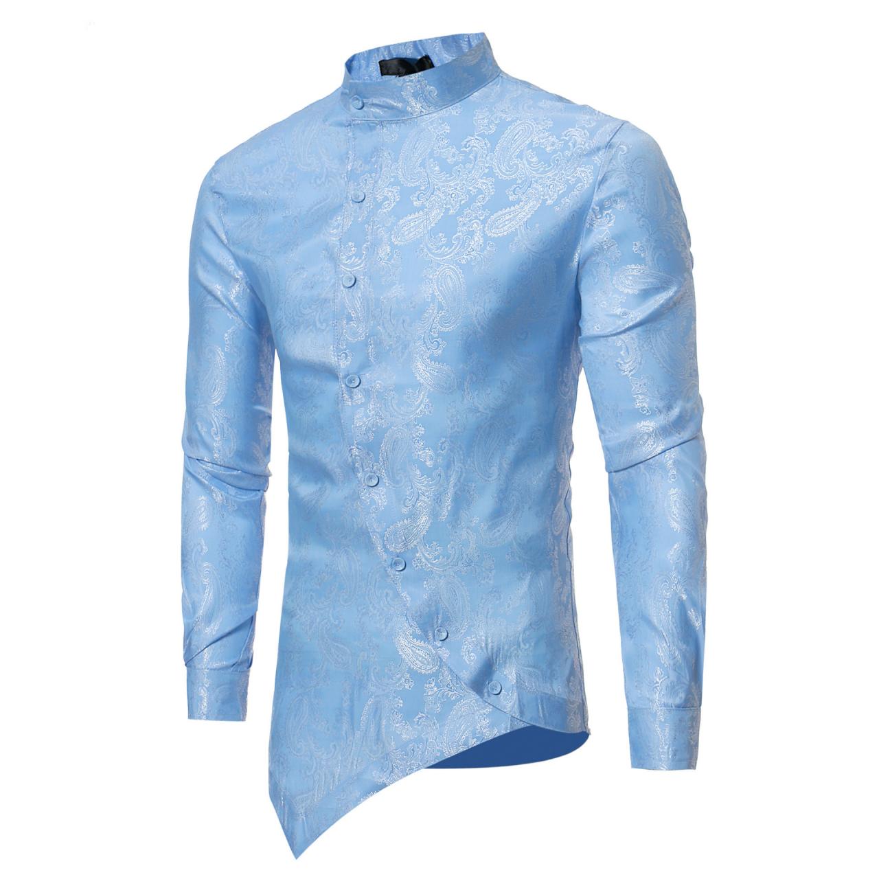  Men Asymmetrical Shirt Spring Autumn Long Sleeve Stand Collar Business Printed Slim Fit Shirt light blue