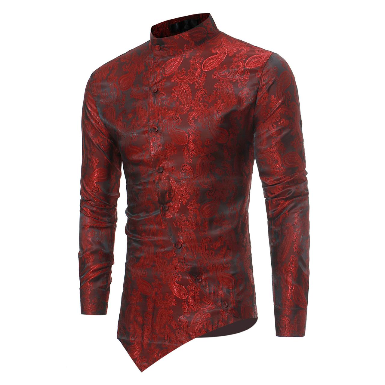  Men Asymmetrical Shirt Spring Autumn Long Sleeve Stand Collar Business Printed Slim Fit Shirt wine red