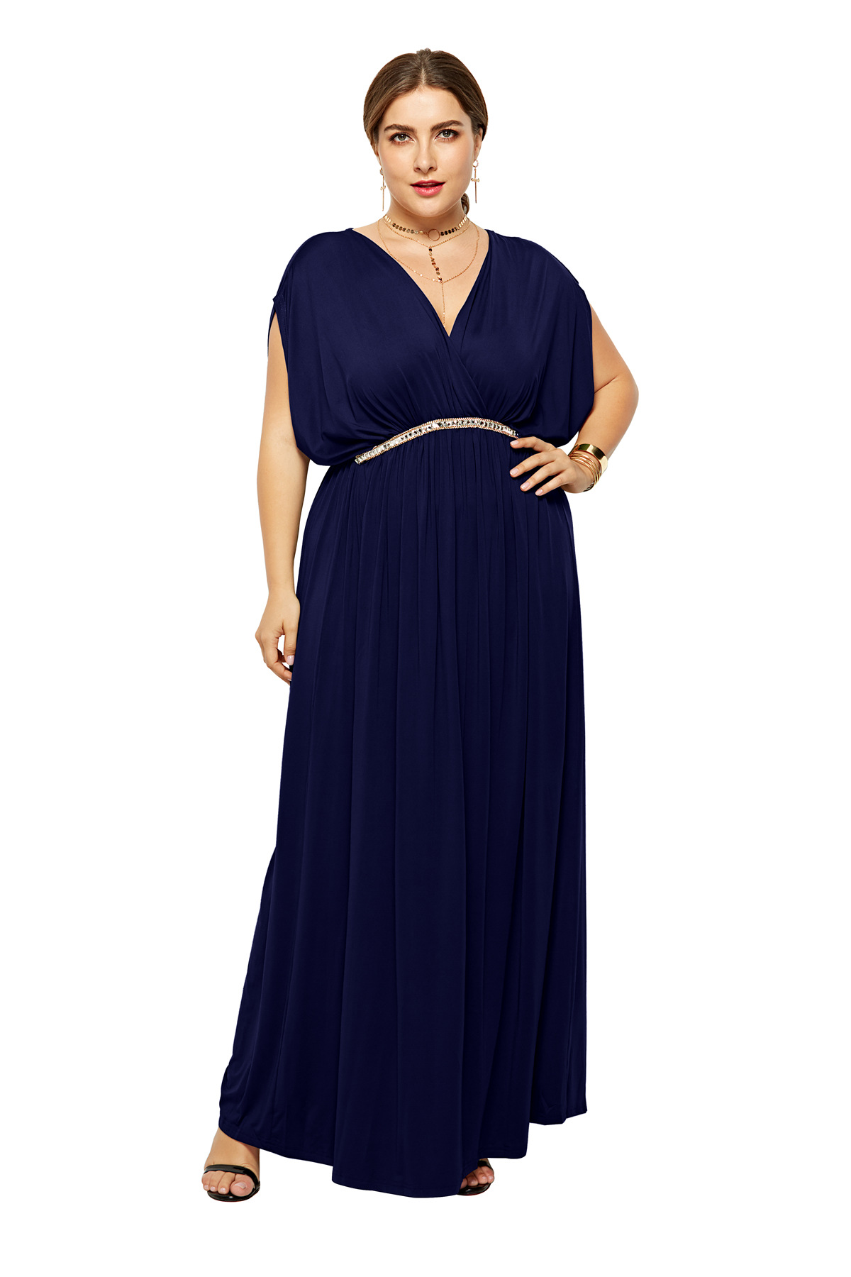  Plus Size Women Maxi Dress V Neck Summer Short Sleeve Long Formal Evening Party Dress navy blue