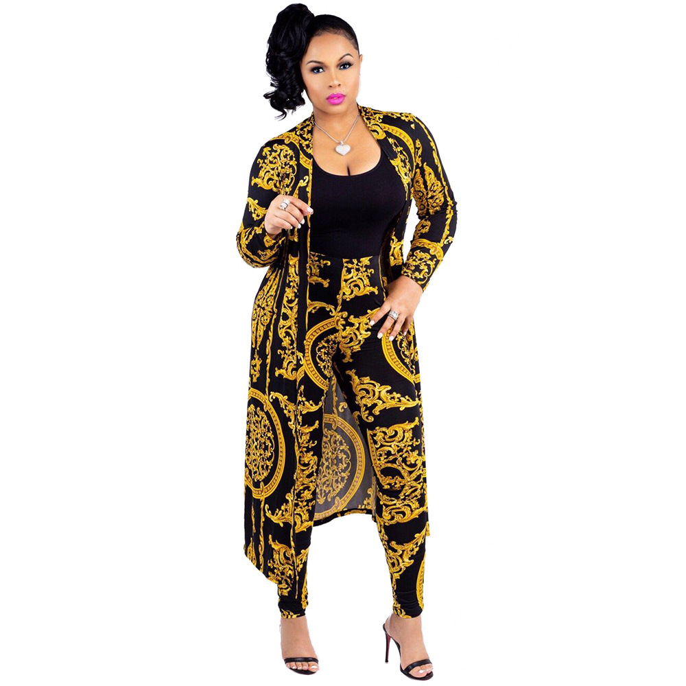 Women Tracksuit Long Sleeve Printed Trench Coat +pencil Pants Casual Two Pieces Set Outfits Gold