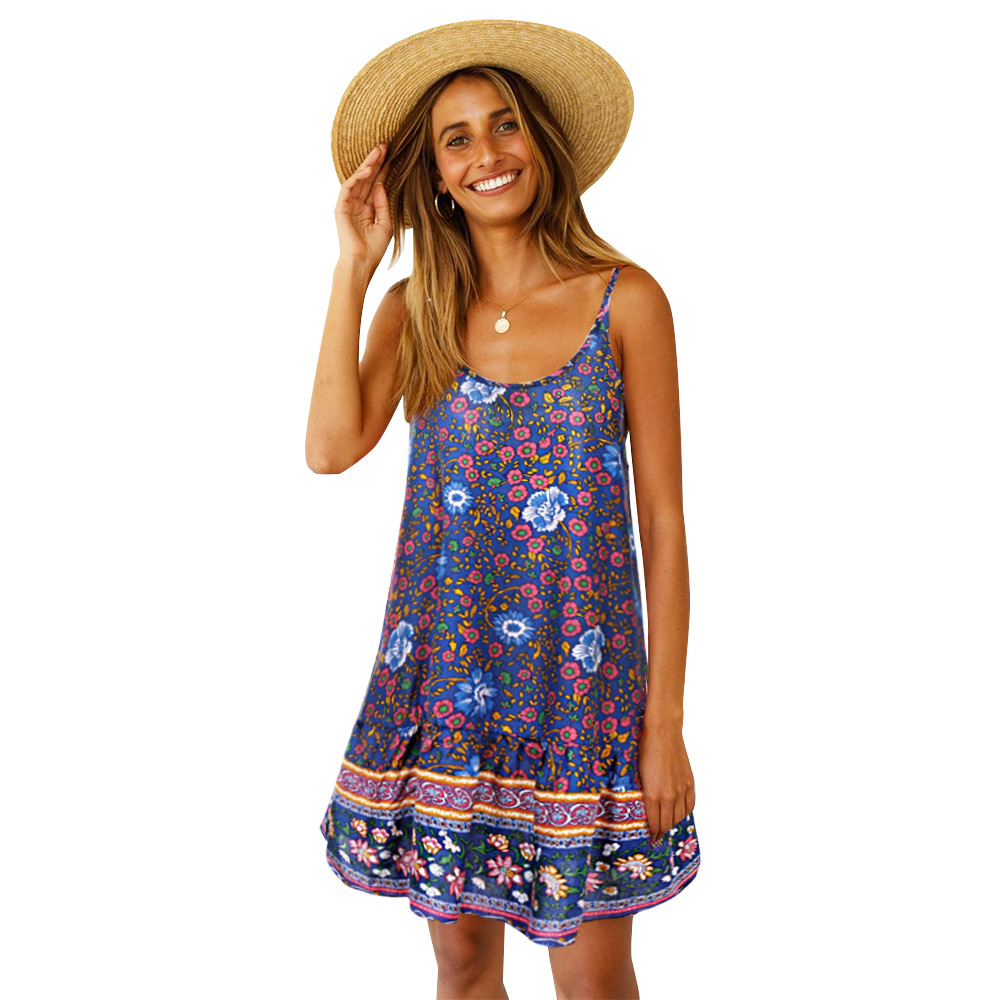  Women Floral Printed Mini Dress Spaghetti Straps Backless Ruffle Summer Beach Boho Sundress 5#