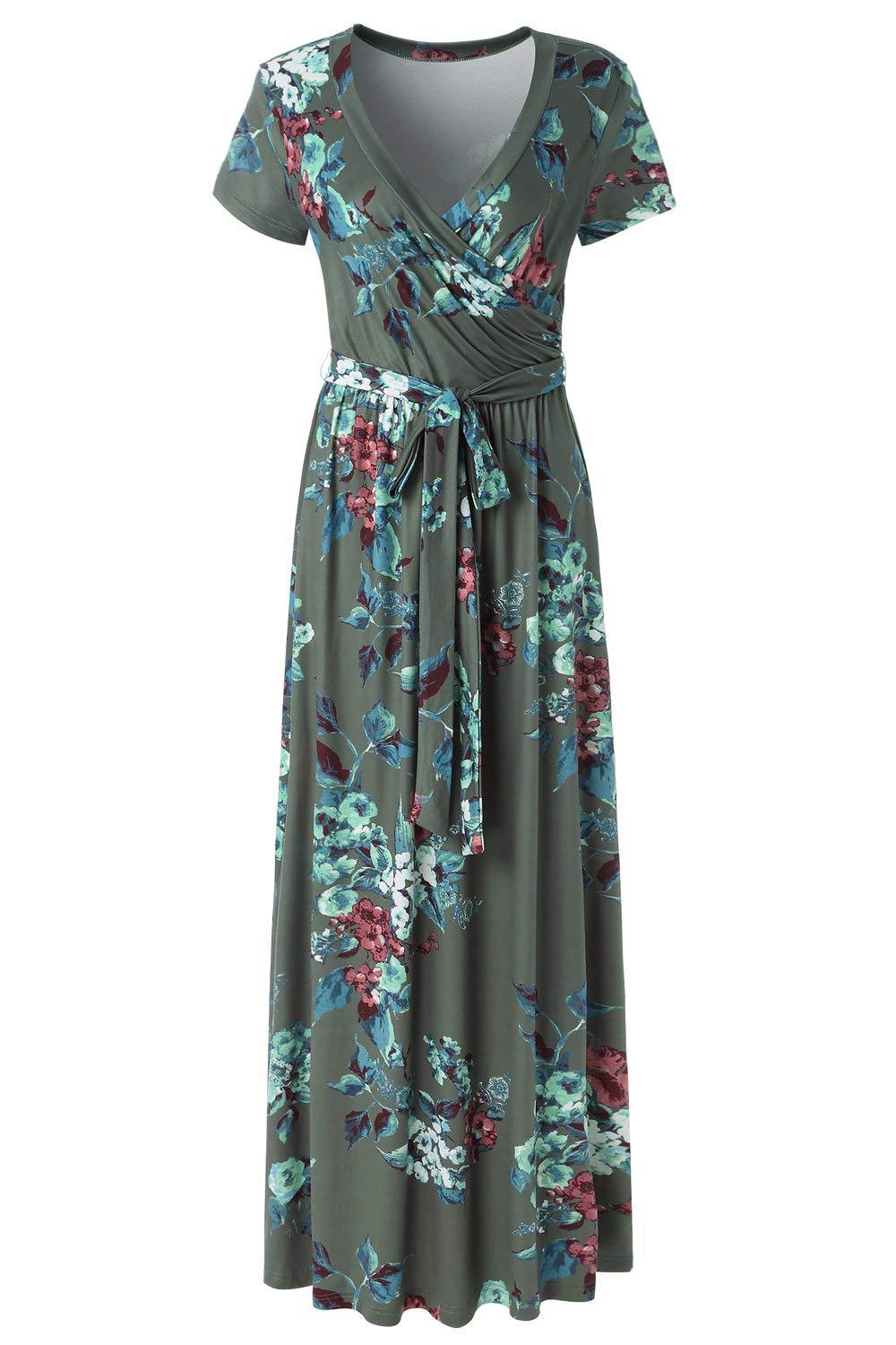 Women Floral Printed Maxi Dress V Neck Short Sleeve Summer Beach Boho Casual Long Dress 4#