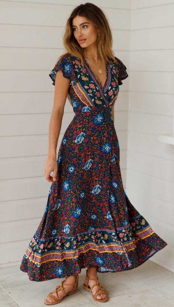Women Floral Printed Maxi Dress V Neck Short Sleeve Causal High Split Summer Boho Beach Long Dress 5#