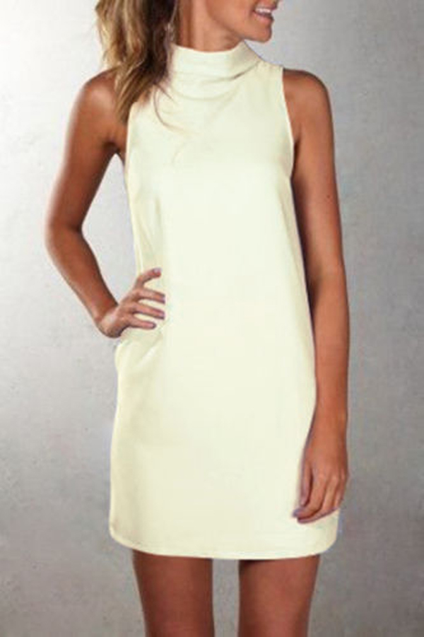 Women Casual Dress Summer Sleeveless Turtleneck Plus Size Mini Club Party Dress beige