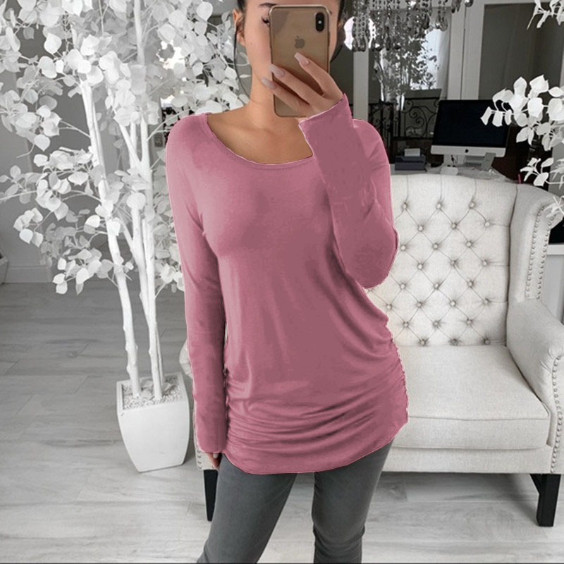 Women Long Sleeve T Shirt O Neck Pleated Casual Loose Pullover Tops pink