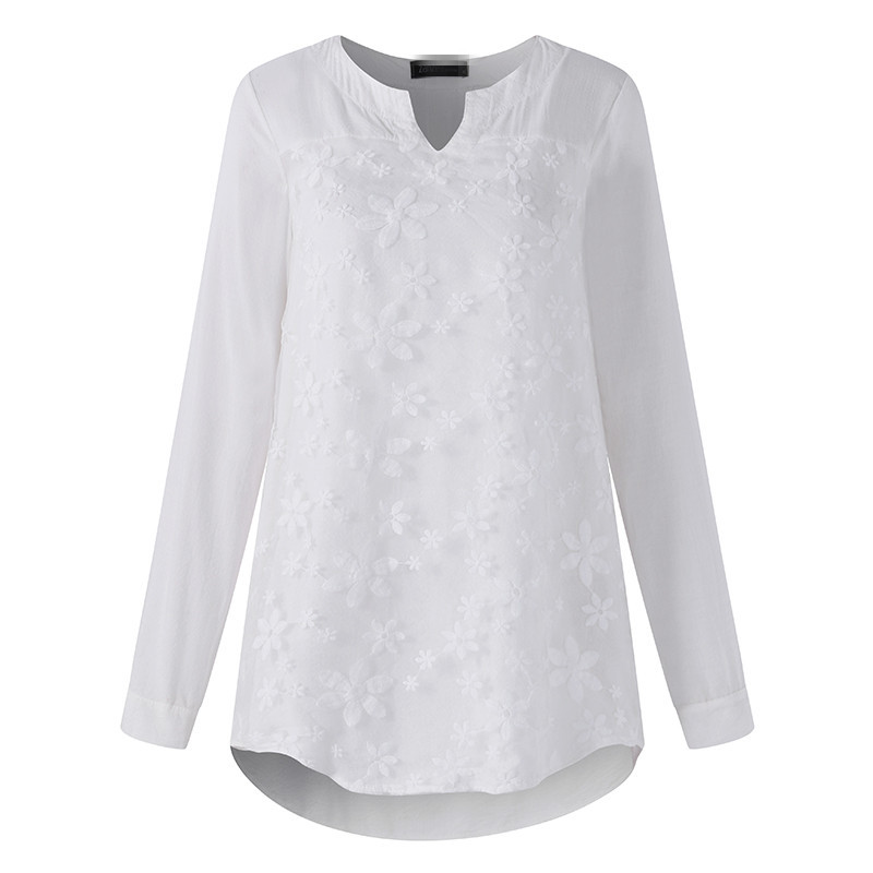 Women Embroidery Floral Lace Blouse V Neck Long Sleeve Casual