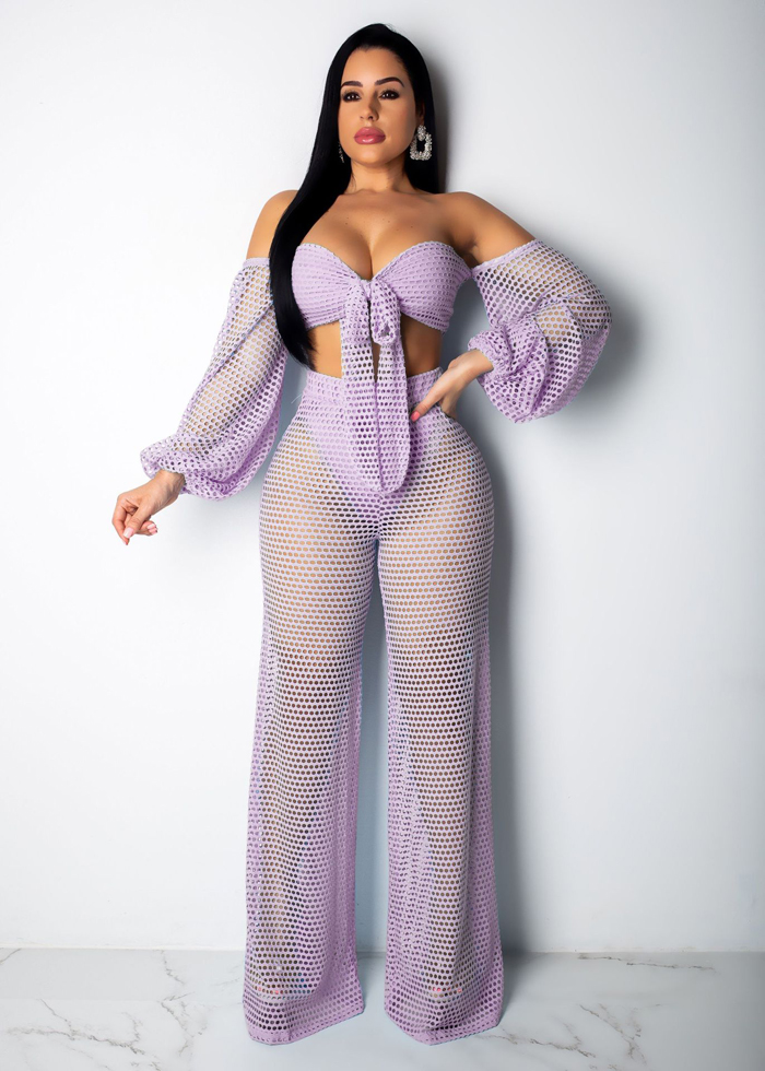 Women Tracksuit Summer Beach Hollow Out Lantern Sleeve Crop Tops+wide Leg Pants Two Piece Set Lilac