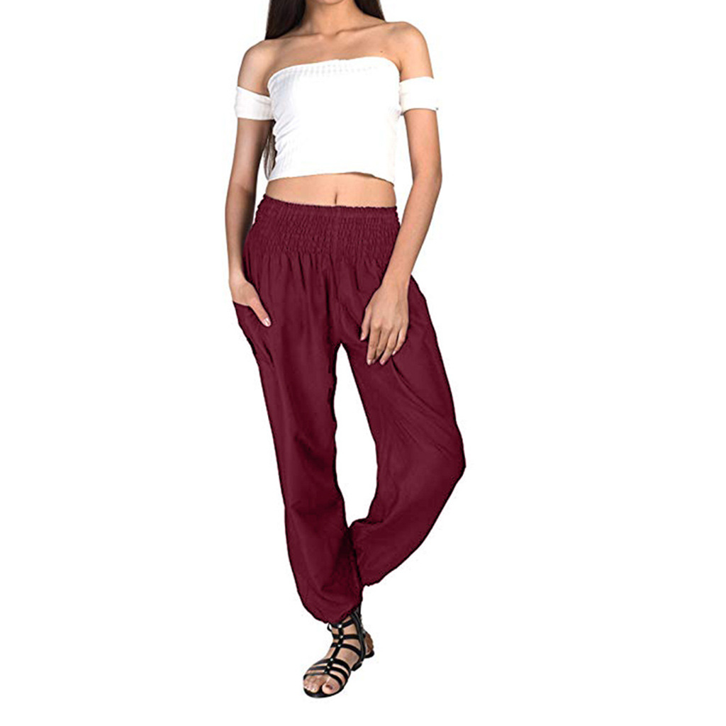 Women Harem Pants Elastic Waist Summer Pockets Plus Size Casual Loose Trousers wine red