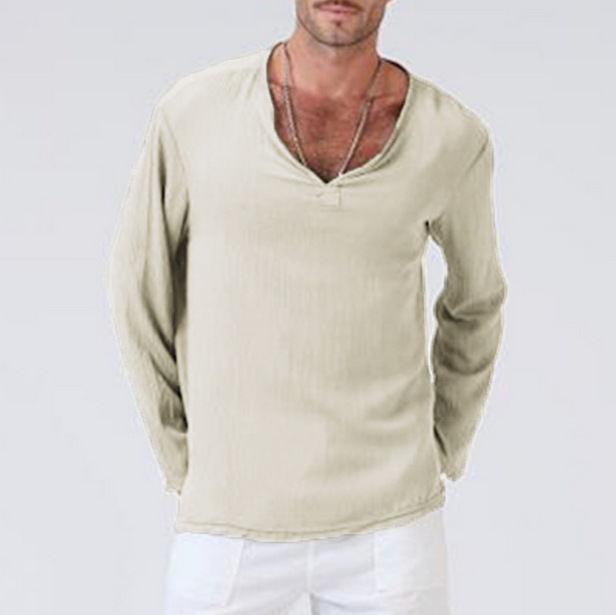Men Long Sleeve T Shirt Spring Fall V Neck Cotton Linen Casual Loose Pullover Tops Khaki