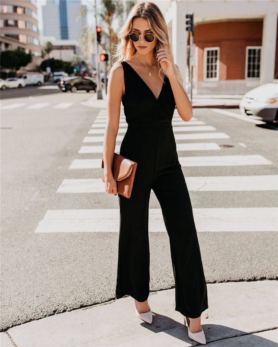 Women Jumpsuit V-Neck Backless Sleeveless Casual Loose Wide Leg Long Pants Rompers black