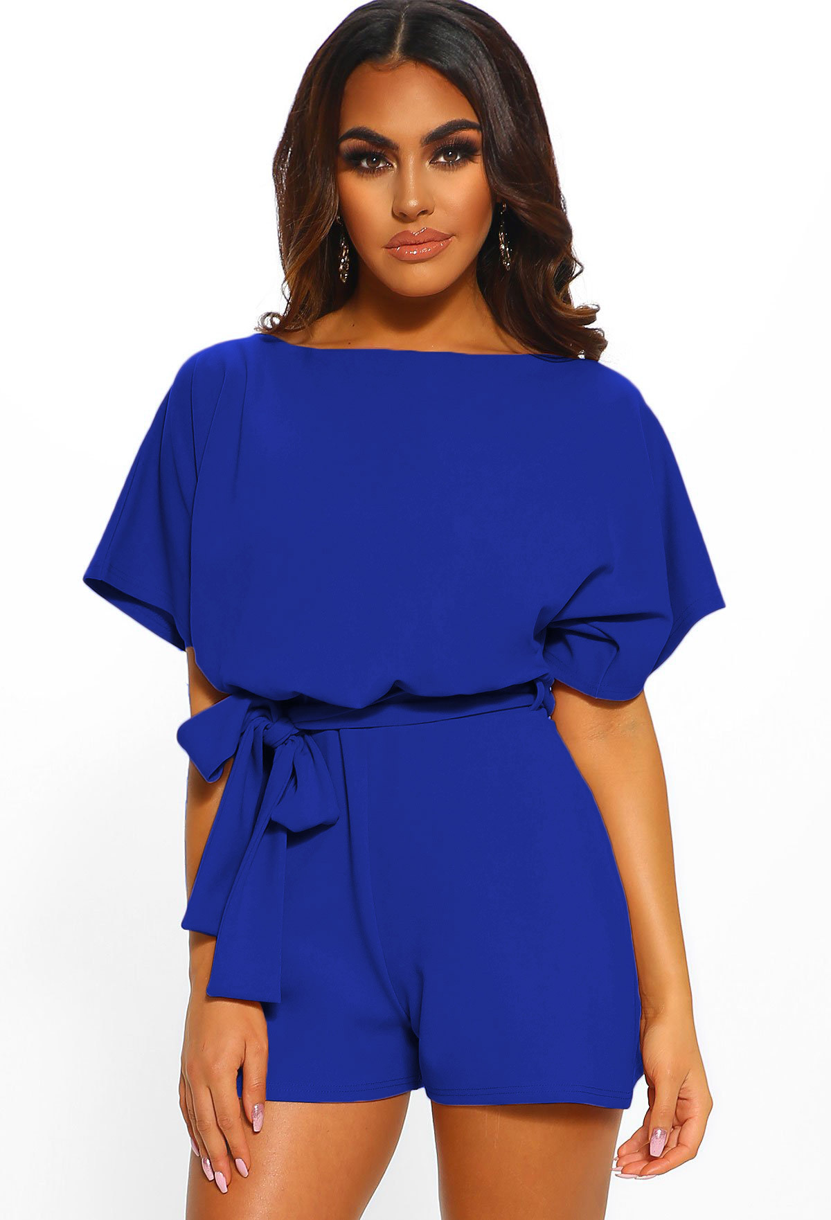 Women Jumpsuit Summer Short Sleeve Belted Casual Shorts Rompers Playsuit royal blue