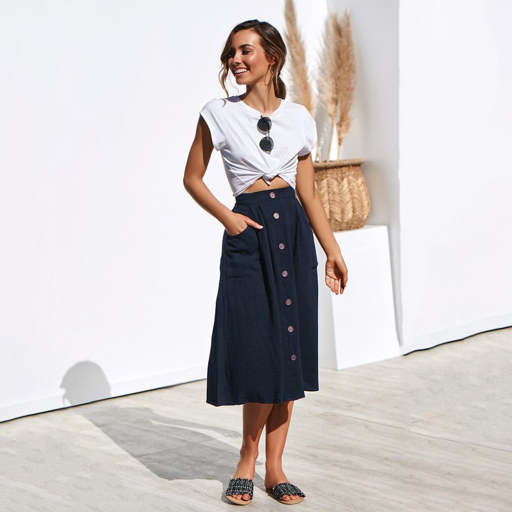 Women A-Line Skirt High Waist Summer Casual Button Pockets Female Midi  Skirt Navy Blue on Luulla