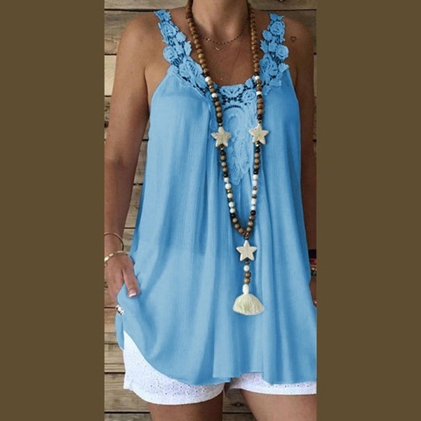  Women Tank Tops V Neck Summer Lace Patchwork Plus Size Vest Casual Loose Sleeveless T Shirt sky blue