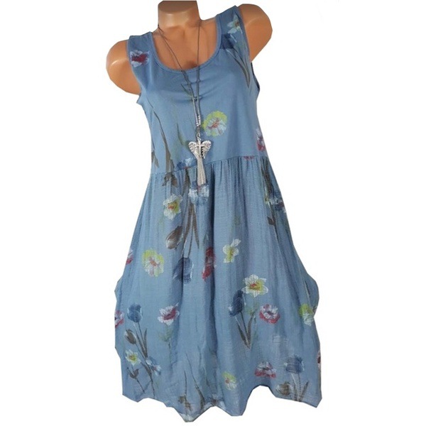 Women Floral Printed Dress Summer Casual Loose Boho Beach Plus Size Sleeveless Mini Sundress blue