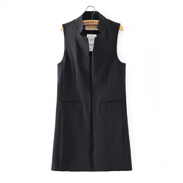  Women Blazer Waistcoat Stand Collar Vest Jacket Casual OL Office Long Sleeveless Suit Coat black