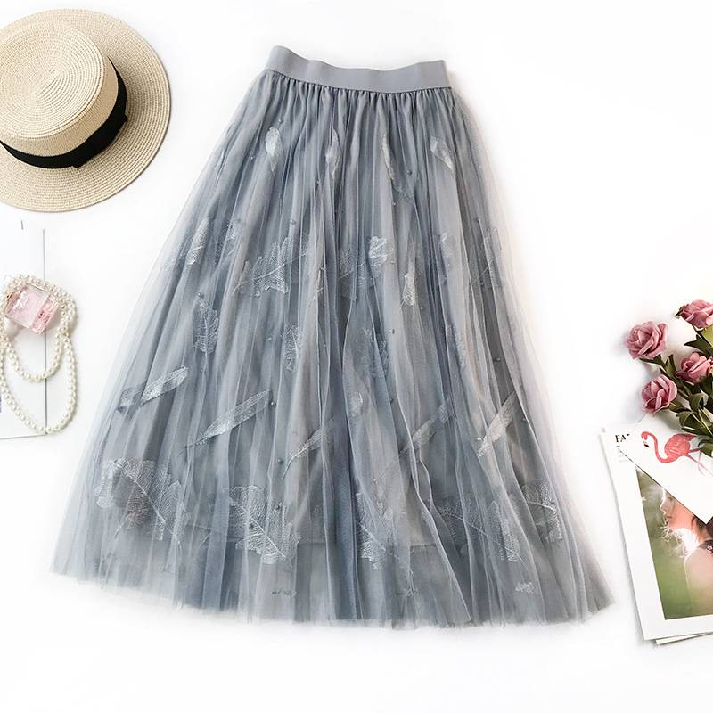  Women Tulle Skirt Summer High Waist Embroidery Feather A Line Casual Midi Pleated Skirt gray