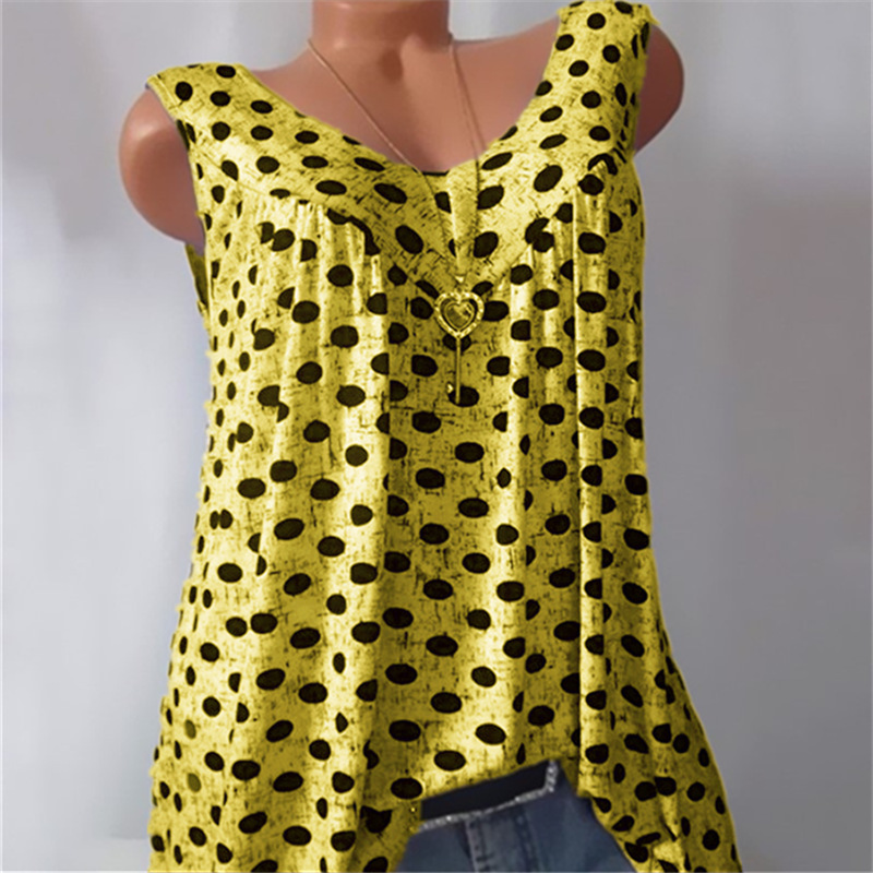  Women Polka Dot Tank Tops V-neck Casual Loose Vest Plus Size Summer Sleeveless T-Shirt yellow