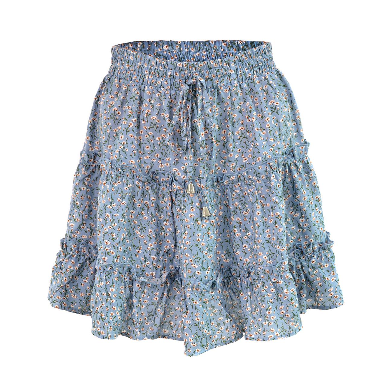 Women Mini Skirt High Waist Ruffles Casual Summer Beach Boho Floral Printed Short A-Line Skirt blue floral