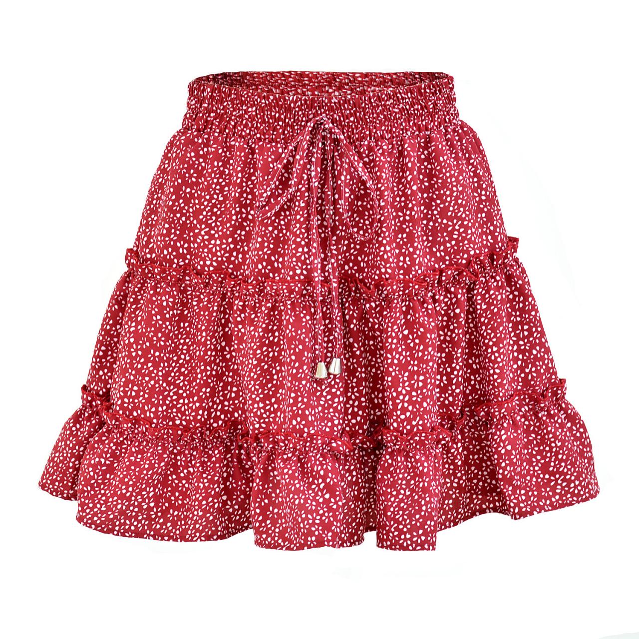 Women Mini Skirt High Waist Ruffles Casual Summer Beach Boho Floral Printed Short A-Line Skirt red polka dot