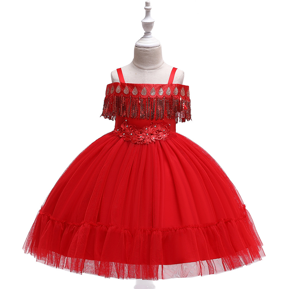  Princess Flower Girl Dress Sequined Tassel Wedding Birthday Perform Party Tutu Gown Children Kids Clothes red