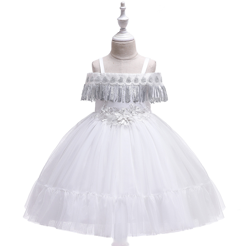  Princess Flower Girl Dress Sequined Tassel Wedding Birthday Perform Party Tutu Gown Children Kids Clothes white