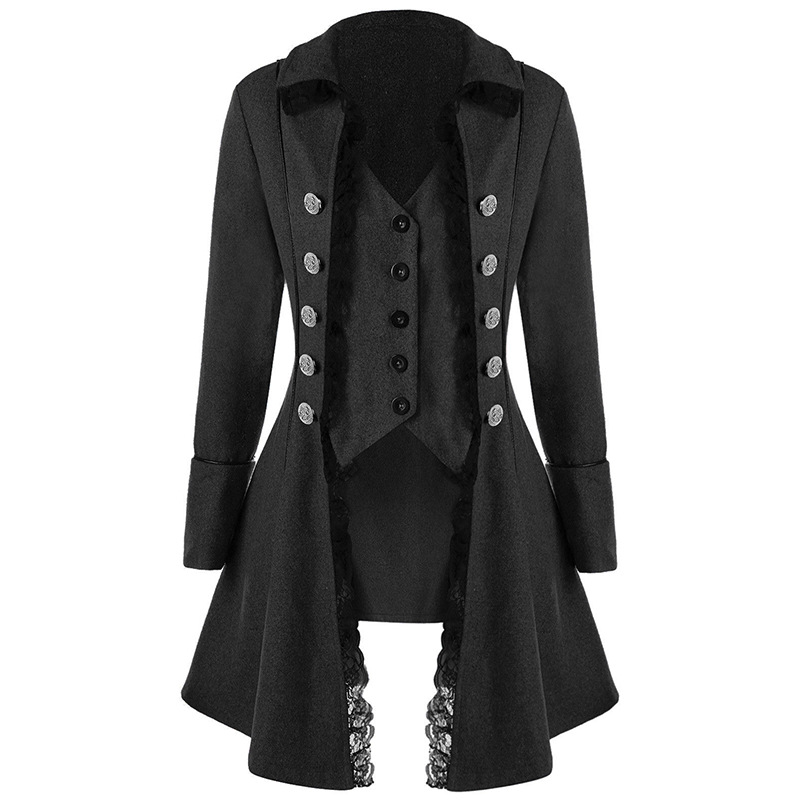 Women Asymmetrical Coat Gothic Long Sleeve Middle Ages Cosplay Prince Steampumk Jacket Outerwear Black